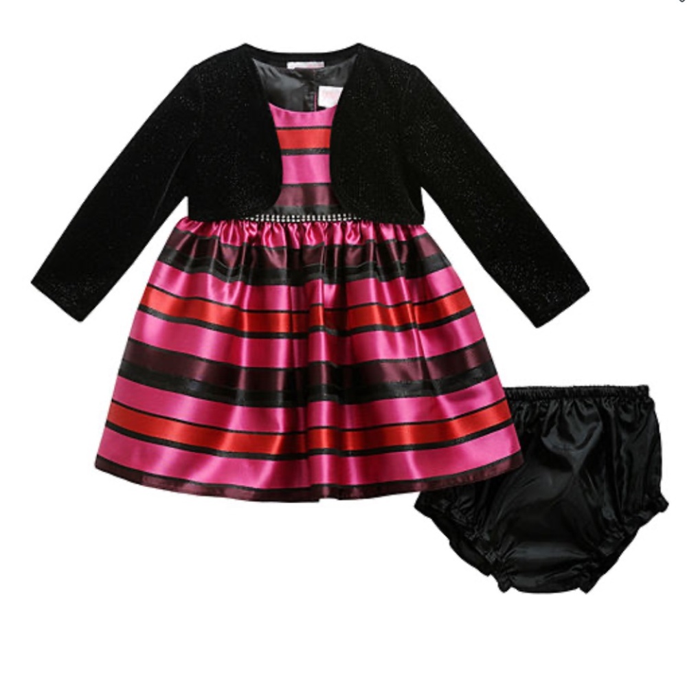 NEW YOUNGLAND Baby 3 Pcs Holiday dress Jacket Shrug Pink stripe Black 1…